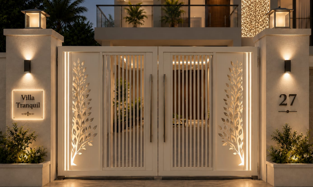 modern white Villa Tranquil main gate